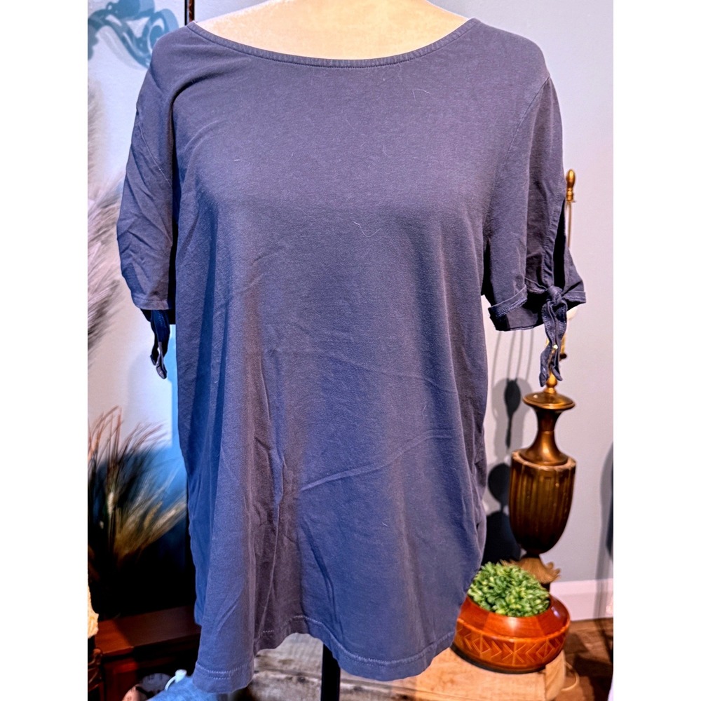 HM Charcoal Gray Blue Tie Sleeve Scoop Neck Cotton T-Shirt Size 12 RN 129406